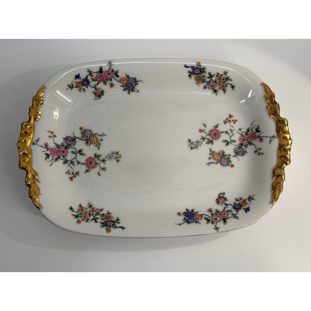 Limoges Jean Pouyat Rheims Porcelain Flowers Gold Trim Serving Platter 13.75"